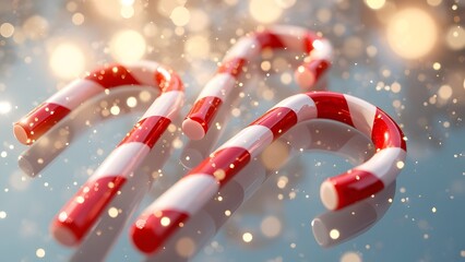 Festive Red and White Striped Candy Canes on Glassy Background, Sparkling Christmas Sweets, Golden Light, Soft Focus