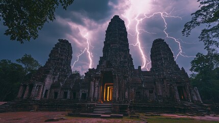 Mysterious ancient jungle temple illuminated by dramatic lightning at dusk