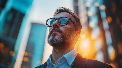 Confident businessman looking towards the future in the city.