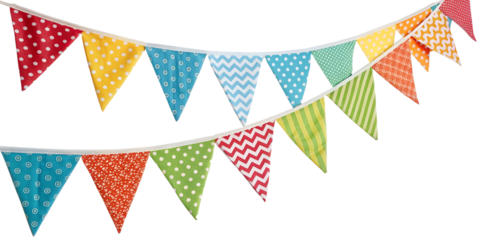 Multicolor bunting party decoration isolated in transparent background perfect for birthday party, marriage anniversary, valentines day and new year celebrations. 