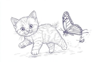 A playful tabby kitten chasing a butterfly, showcasing its curious and energetic spirit in a whimsical line drawing.
