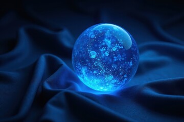 Glowing blue orb on dark fabric, emitting soft light, space decor, mystical