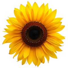 Fototapeta premium Vibrant Sunflower Close-up, 100% Ripe, Bright Yellow Petals, Dark Brown Center, Isolated on White