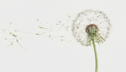 Single dandelion flower releasing seeds on white background, delicate nature moment