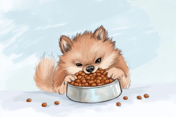 A fluffy, light-colored Pomeranian eagerly munches on its food from a silver bowl.