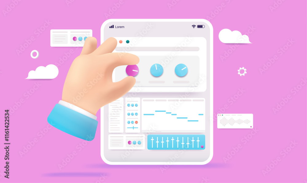 Poster Music production on tablet device - Hand is making and creating midi tunes and sound in app on screen. Vector illustration