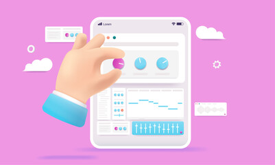 Music production on tablet device - Hand is making and creating midi tunes and sound in app on screen. Vector illustration