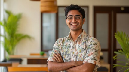 Fototapeta premium Confident Indian Male Employee Embracing Opportunity in Modern Co-Working Space, Smiling with Pride