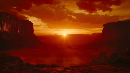 Fiery sunset over Monument Valley.  Red rocks silhouetted against a vibrant orange sky. Dramatic landscape photography at golden hour.