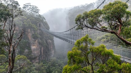Enchanting forest canyon with a misty suspension bridge