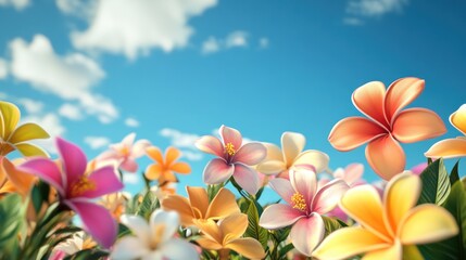 Vibrant colorful plumeria flowers blooming under a bright sunny sky.