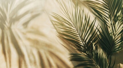 Obraz premium Palm leaves casting shadows on beige background.