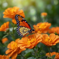 Obraz premium Orange Butterfly on Marigolds in a Vibrant Garden Setting