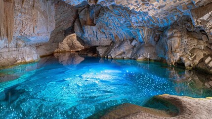 Enchanting glacial cave interior with shimmering blue light and stalactites