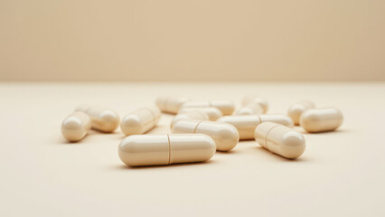 A pile of white magnesium glycinate capsules on a light background.