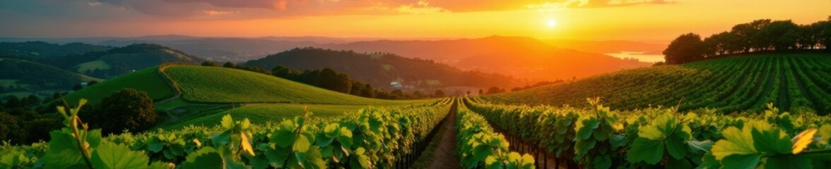 Fototapeta premium Rolling hills of lush green vines stretching towards the golden orange horizon at sunset, rural, vineyard, agriculture