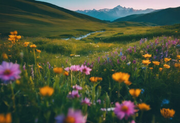 Fototapeta premium Rolling green hills covered with wildflowers, under a clear blue sky with fluffy white clouds