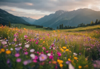Obraz premium Rolling green hills covered with wildflowers, under a clear blue sky with fluffy white clouds