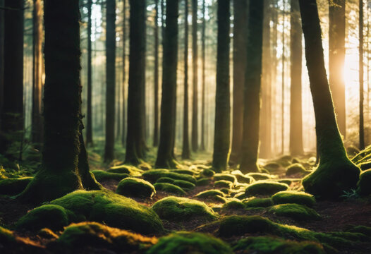 A dense forest with sunlight streaming through tall trees, illuminating the mossy ground