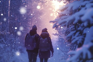 Obraz premium A couple walking through a snowy forest wrapped in cozy scarves, surrounded by falling snowflakes.