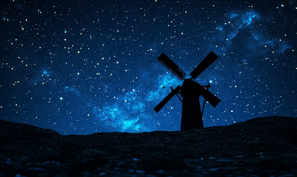 Harnessing energy from wind a stunning nighttime view of a windmill under a starry sky