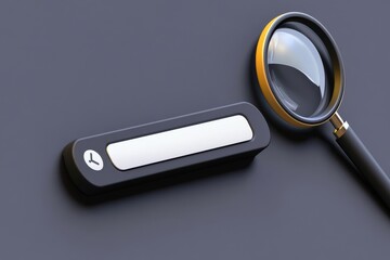 A sleek black search bar and a magnifying glass on a dark gray background, symbolizing exploration and inquiry.
