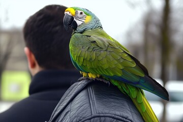 Obraz premium A vibrant green parrot perched on a man's shoulder, showcasing its colorful feathers against a blurred background.