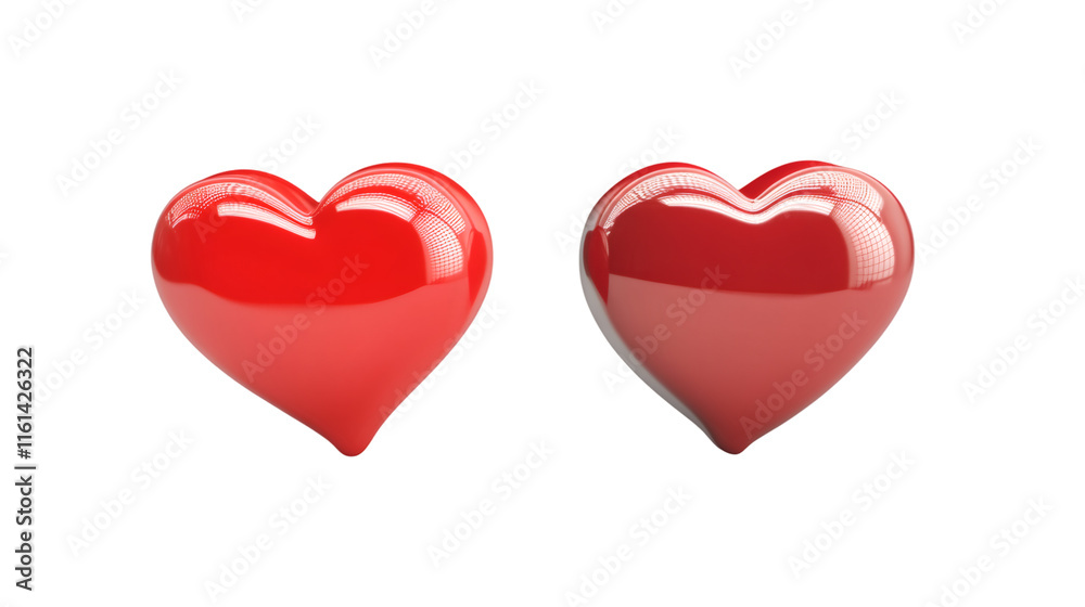 Poster 3d rendering of two glossy red hearts floating on transparent background, perfect for Valentine's Day or any romantic occasion