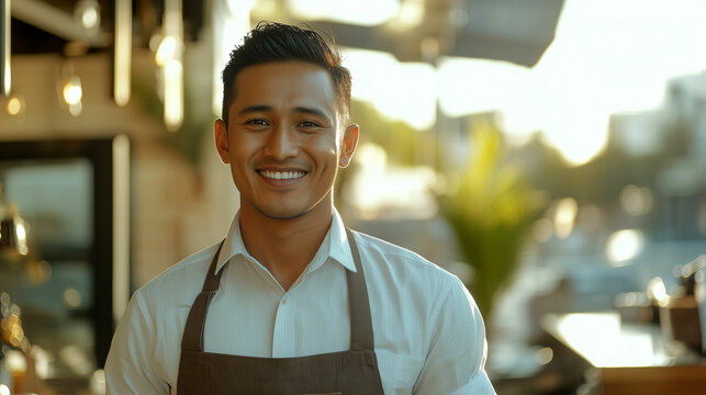 South Asian waiter greets customers warmly at a bustling restaurant during golden hour