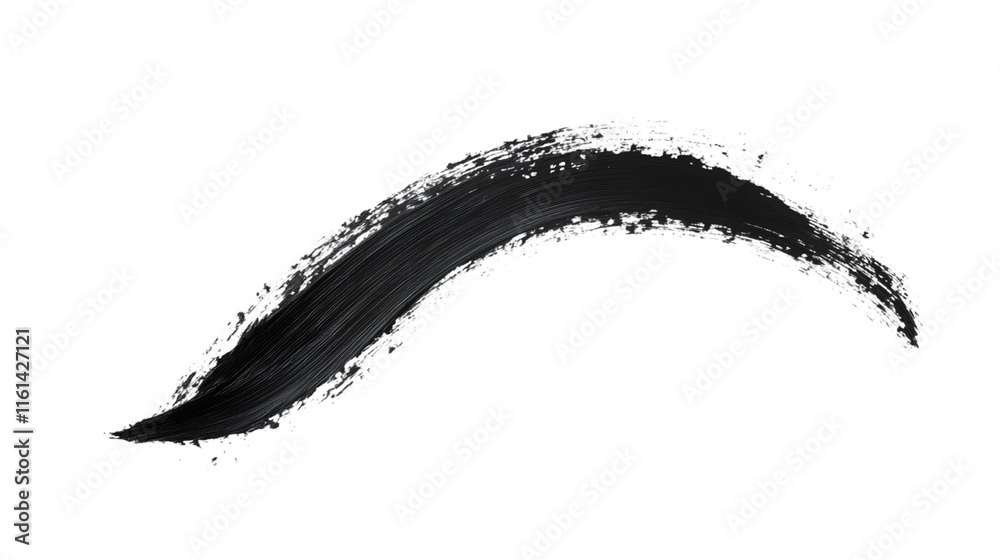 Poster Black brush stroke curving dynamically, sweeping across transparent background with generous space for graphic design and visual creativity