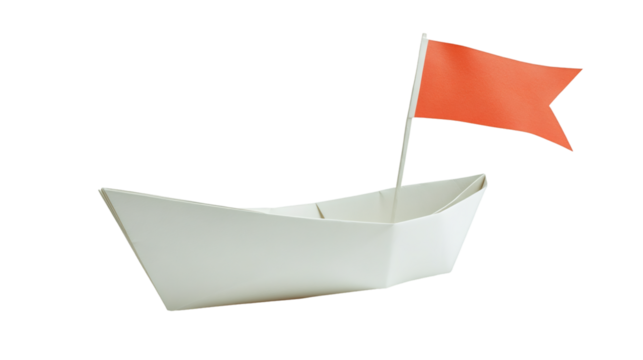 Origami paper boat navigating transparent surface, carrying red flag, symbolizing leadership and adventurous spirit with minimalist design