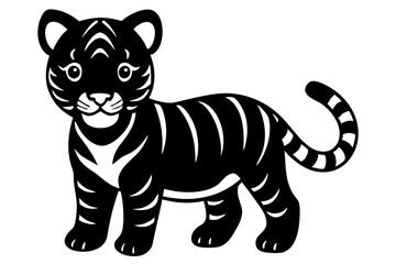 Cute baby tiger black silhouette vector, Simple silhouette Design vector icon with white background