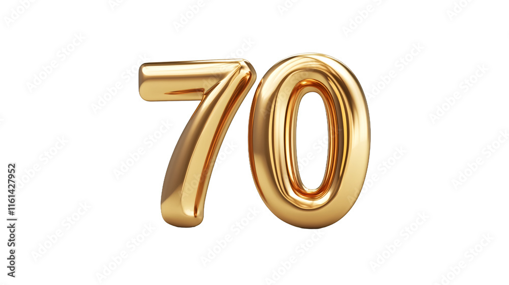 Poster Gold balloon number seventy floating weightlessly, three-dimensional rendering creating celebratory visual with transparent backdrop