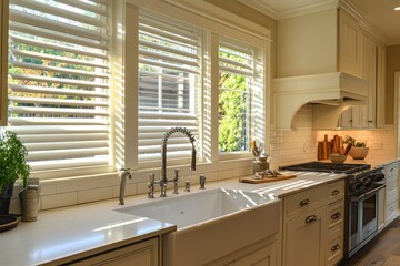 Fototapeta premium Modern Kitchen Interior Featuring Elegant White Window Blinds Above a Stylish Countertop and Sink