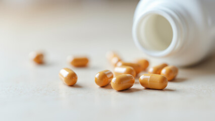 Magnesium Glycinate capsules spilled from a bottle.