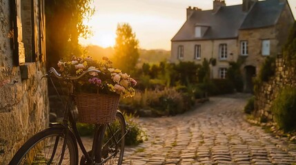 Obraz premium Sunset over cobblestone street with vintage bicycle and flowers.