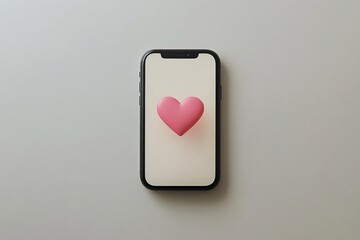 Smartphone with heart symbol on screen, representing love, romance, and Valentine, minimalist grey background, Valentine's Day concept