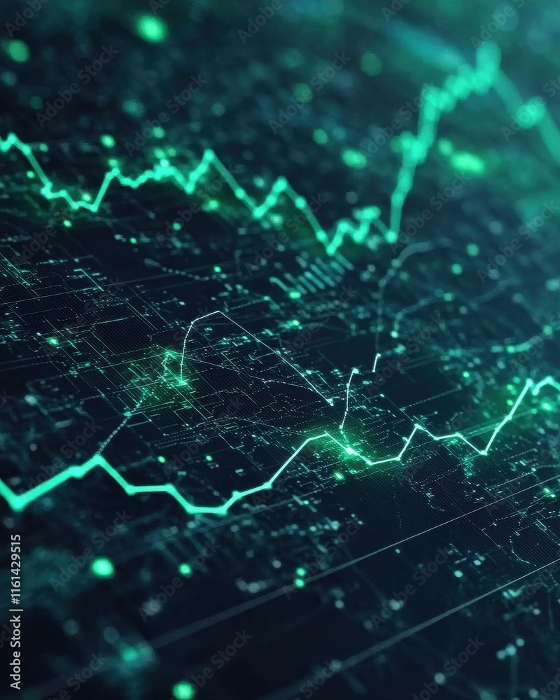 Poster abstract digital data visualization with green lines on a dark background, representing complex data