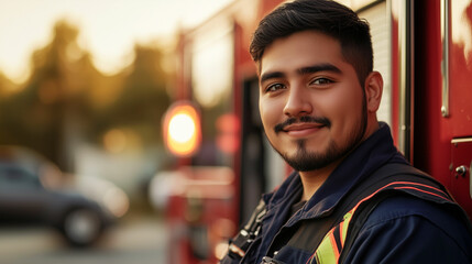 Confident Hispanic firefighter stands near fire truck during sunset