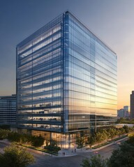 Modern office building with sleek glass facade reflecting sunset hues, surrounded by greenery and urban life.