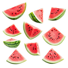 Collection of watermelons with half slices falling or floating, celebrating freshness and summer vibes. 