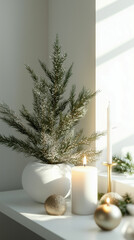 Minimalist office decorated for New Year with festive greenery and candles
