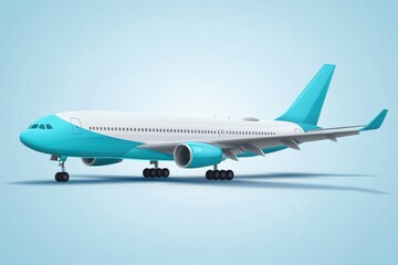 Obraz premium A sleek, modern airplane in turquoise and white colors, ready for takeoff against a soft blue background.