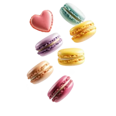 Colorful heart-shaped macarons floating isolated, evoking sweetness and happiness. 