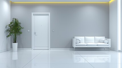 Fototapeta premium Modern minimalist interior space featuring white sofa and potted plant in sleek, clean design with ambient lighting for contemporary style and sophistication