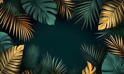 Gold and teal tropical leaves frame on dark background.