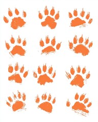 Orange animal paw prints arranged in a grid pattern on a white background, creating a playful and artistic vibe.