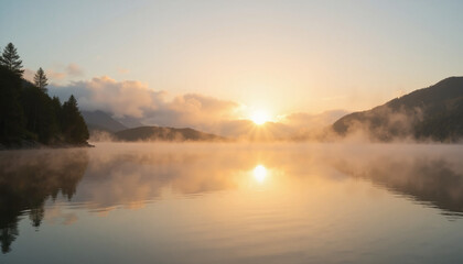 Fototapeta premium Scenic sunrise over tranquil lake with soft mist and golden light, embodying peace and serenity