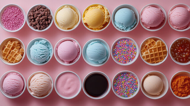 colorful flat lay of ice cream scoops and toppings on pink background