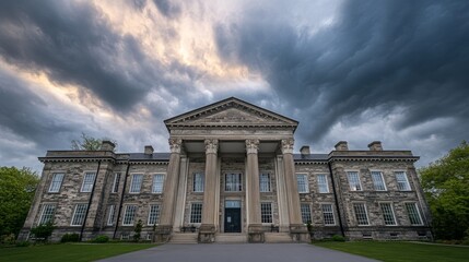 Obraz premium Grand courthouse exterior with imposing stone columns, a detailed facade, and a dramatic cloudy sky, focusing on the architectural grandeur and historical significance.